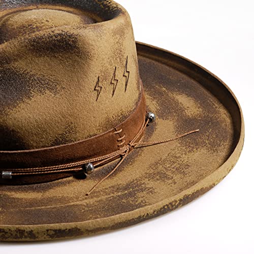 Pencil Brim Fedora Hat Mens Women Wide Brim Vintage Fedoras 100% Wool Felt Panama Rancher Hat With Lightning Logo Distressed/Burned Handmade #TOP3