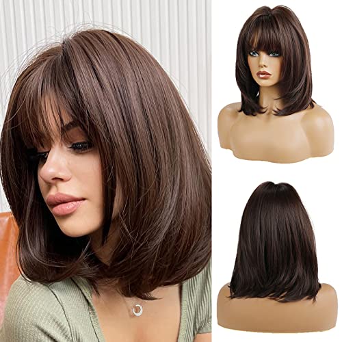 OUFEI 14 Inches Short Dark Brown Bob Wigs Straight with Bangs Slightly Curved Hair Ends Synthetic Hair Cosplay Daily Party Wig for Women Natural As Real Hair