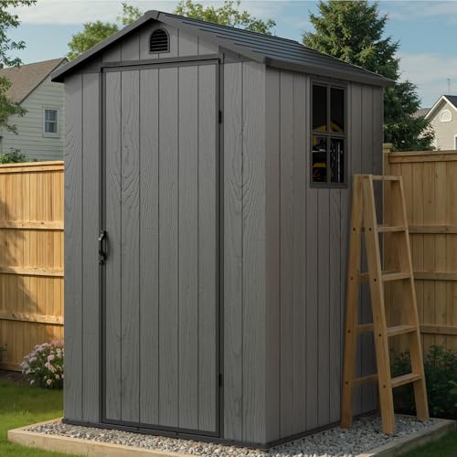 Image of Greesum 4x4FT Plastic Outdoor Storage Shed with Floor, Dark Gray