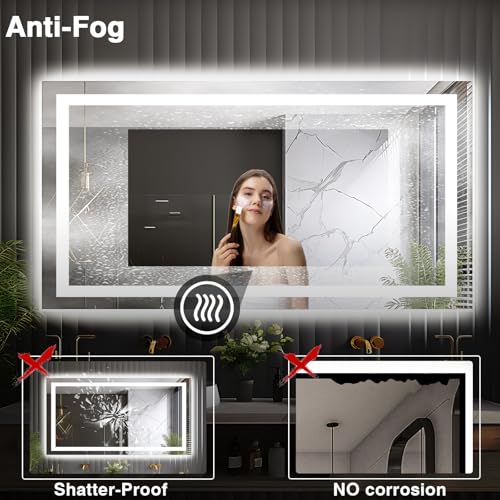 66"x36" LED Lit Bathroom Mirror, Front and Backlit LED Mirror, Anti-Fog Bathroom Mirror with Lights, 3 Colors Stepless Dimmable Mirror, Touch Sense (Horizontal/Vertical)