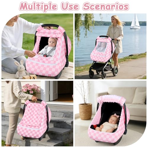 Image of Baby Car Seat Cover with Mesh Window, Windproof Carseat Cover for Infant Girls, Infant Carseat Canopy with with Dual Zipper, Compatible with Most Baby Car Seat, Pink Checkered