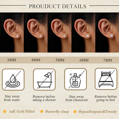 Image of 5 Pairs 14K Gold Plated Stud Earrings for Women, Hypoallergenic Earring Sets for Multiple Piercing, Premium Cubic Zirconia Studs Earrings for Women