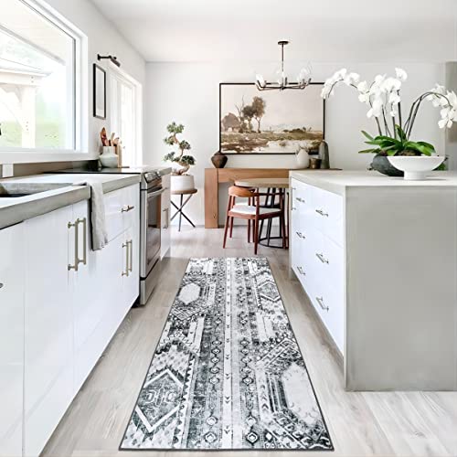 Wonnitar Machine Washable Runner Rug - 2'6''X8' Grey Ultra-Thin Kitchen Rug Runner,Non-Slip Hallway Area Rug Bohemian Laundry Carpet Runner,Distressed Boho Throw Mat For Entrance Bathroom Bedroom #TOP5