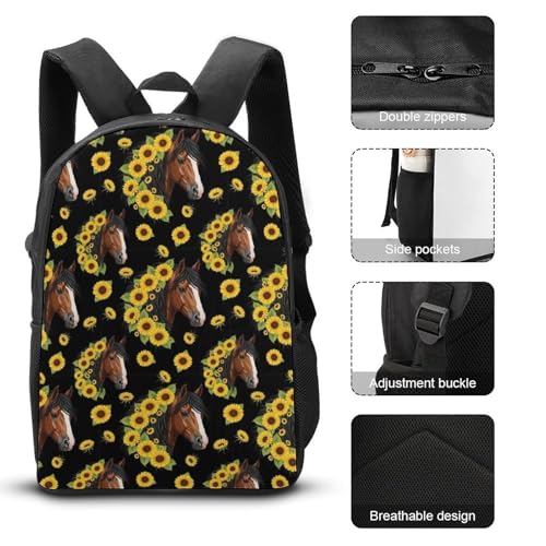 3PCS Backpacks Set, Large Capacity Travel Daypack 17 Inch Sunflower Horse Insulated Lunch Bag Lightweight Compact Pencil Pen Case3