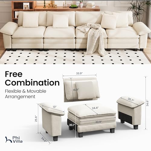 Image of PHI VILLA Cloud Modular Couches Sets, 157.5 inch Sectional Sofa with Upholstered Deep Seat, 4-Seater Long Couches for Living Room Apartment, Chenille Fabric, Beige