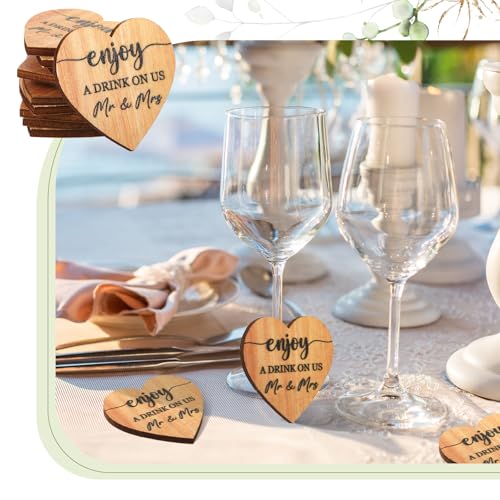 Image of Marsui 100 Pcs Wooden Drink Tokens Bulk for Wedding Personalised Drink Tickets Poker Chips for Guest Wedding Favours Beverage Birthday Parties Bar Table Decoration Supplies (Heart Shape)