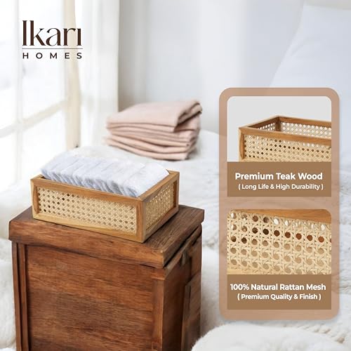 Image of Ikari Homes Rattan Rectangular Mesh Basket For Wardrobe Storage & Decorative Organiser I Handcrafted Premium Teak Wood & Rattan I Modular Storage Basket - Size 12 X 8 X 4 Inch