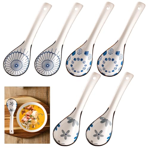 Xiuyer Suppenlöffel, 15,5 cm Keramik-chinesischer Suppenlöffel, Keramikramen, Retro Ramen Löffel für Suppendumplings Pho Wonton Miso, Packung mit...
