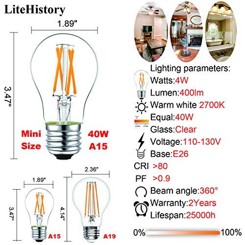 Image of LiteHistory A15 E26 Bulb,4w=40 watt Light Bulbs,Dimmable,Warm White 2700K | 400lm,AC120V,360,ETL,Soft White Light Bulbs,Vintage,Edison bulbs,E26 LED Bulb for Ceiling Fan,Appliance,Refrigerator,4Pack