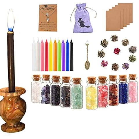 yanghui Witchcraft Supplies Kit for Wiccan Spells - Wiccan Supplies and Tools | Witch Box Include Dried Herbs, Crystal Jars, Colored Candles, Parchment Cover