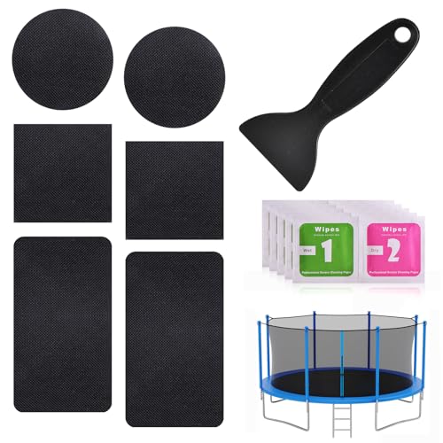 Self-Adhesive Trampoline Patch Repair Kit 2 Square + 2 Rectangular + 2 Round Patches Trampoline Patch with Scraper Dry Towel Trampoline Accessories for Repairing Tears and Holes in Trampoline Mats