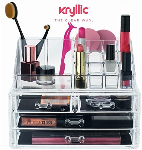 Acrylic Makeup Jewelry Vanity Organizer - Clear lipstick Make up brush display case container for beauty products! 16 slot 4 box drawers holder storage earring and other cosmetic items for bathroom!