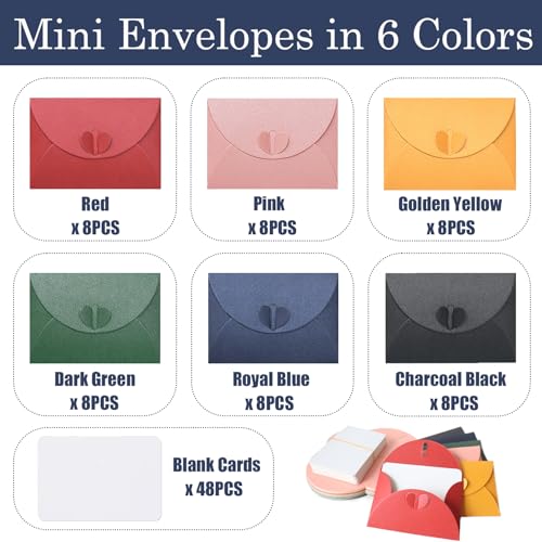LUBOXIN 48 Stück Mini Briefumschläge mit 48 Stück Blanko Karten, Bunt Kleine Briefumschläge Mini Umschläge mit Herz Verschluss für Geschenkkarten, DIY Dankeskarte, Party Einladung(6 Farben)