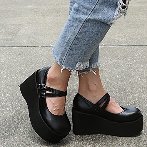 Hbeylia Platform Mary Jane Shoes For Women Vintage Leather Wide Round Toe Chunky Bottom High Heels Ballet Flats With Arch Support Retro Goth Thick Heeled Dress Oxfords For Girls School Uniform4