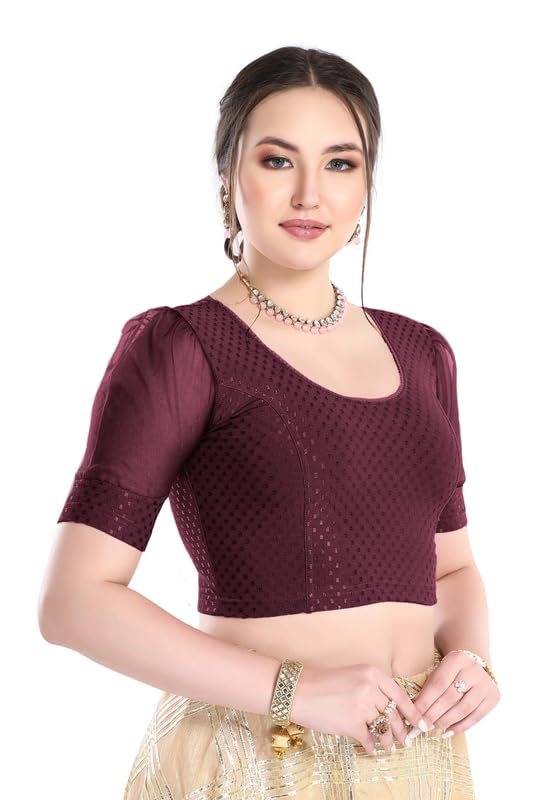 Image of FINESTFIT Stay On Trend Fashion 100% Cotton Readymade Blouses for Women,Round Neckline with Organza Balloon Sleeves.