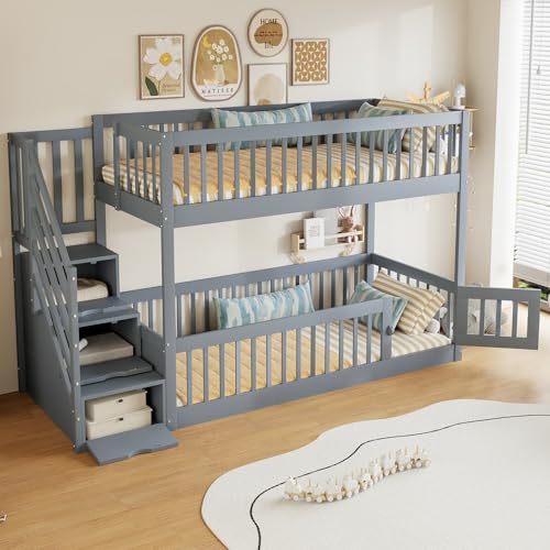 EURHCIO Lit Superposé Enfant 90x200 avec Échelle de Rangement,Porte,Haute Barrière de lit,Lit Superposé 2 Places avec Sommier à Lattes,pour Enfants...