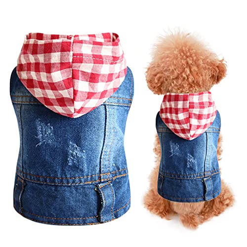 Tomppy Dog Jean Jacket Cool Shirt Spring Denim Vest Coat T-Shirt For Small Dogs Cats Doggy Hoodie Cowboy Pet Clothes (Red-1, L) #TOP14