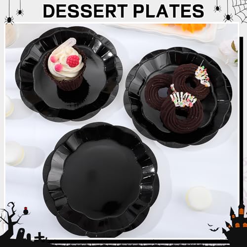 Image of 30 Pcs Black Paper Plates, 7 Inch Scalloped Halloween Plates Disposable