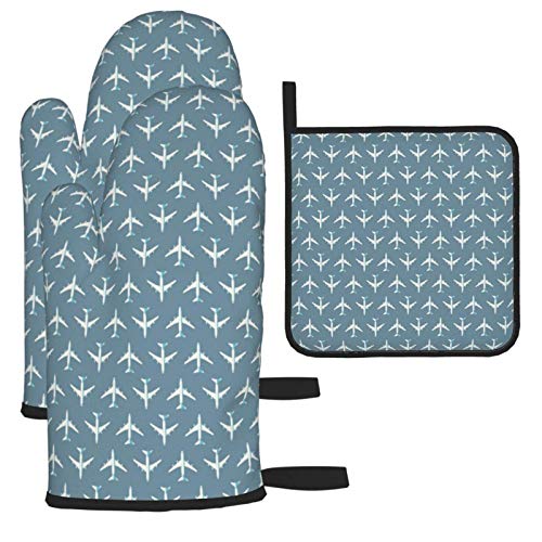 IUBBKI - Juego de 3 manoplas y porta ollas para horno, Jumbo Jet Airliner Aircraft Pizarra Cocina Horno Guantes y porta ollas Guantes de cocina antideslizantes para cocinar, hornear, parrilla