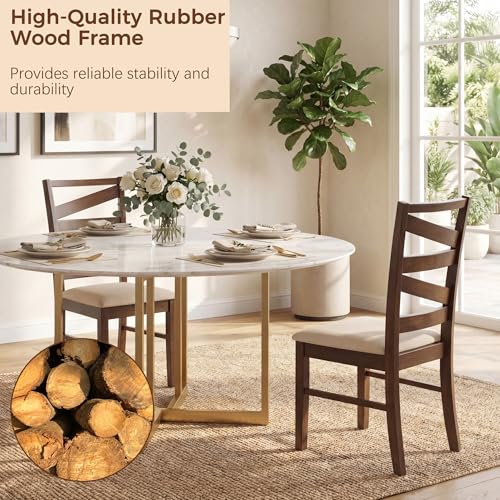 Image of COSTWAY Wooden Dining Chairs Set of 2, Farmhouse Kitchen Side Chair with High Back, Fabric Padded Seat, Armless Chairs for Dining Room, Living Room, Home Kitchen, Restaurant (Brown & Beige)