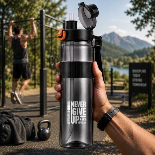 Image of 1 liter Sports Water Bottle with Straw & Carry Strap | Leakproof BPA Free Gym Sipper Bottle | Flip Top Lid Water Bottle for Gym Workout,Office,Travel,Cycling