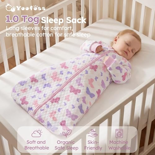 Image of Yoofoss Baby Sleep Sack 6-12 Months 1.0 Tog Long Sleeve Sleep Sack Organic Cotton Wearable Blanket for Infants 2-Way Zipper Quilted Sleeping Sacks(Medium)