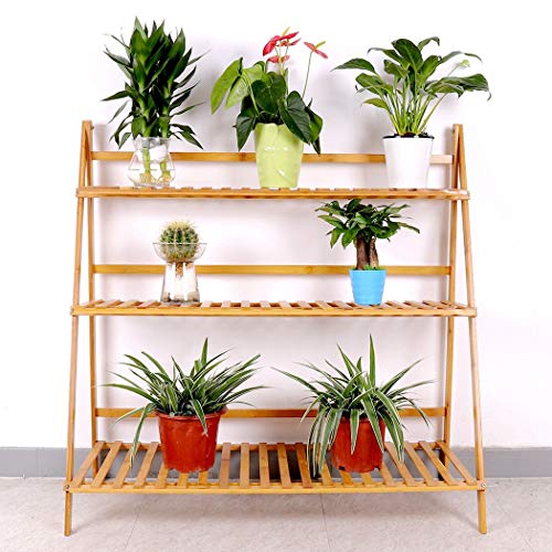 Unho Foldable Bamboo Plant Stand: 3 Tier Ladder Shelves Flower Pot Displaying Rack Indoor Organizer Holder For Succulents Small Planters Home Garden Patio Decor (100Cm Width) #TOP3
