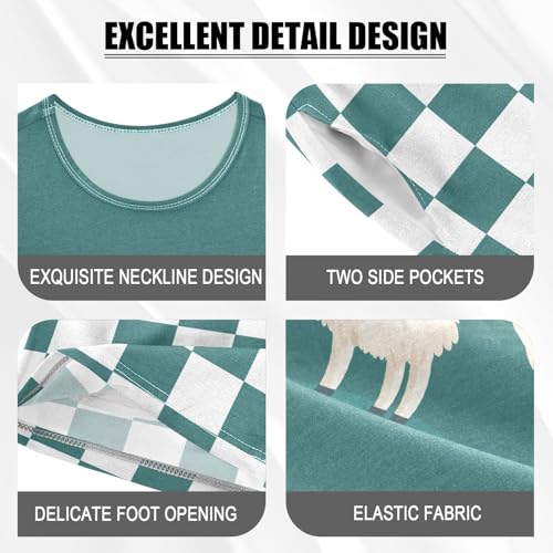 Checkerboard Plaid Llama Flower Teal Pajama Set Short Sleeve Pajamas Shorts Sets Cotton PJS 2 Piece Clothes Set 5Y4