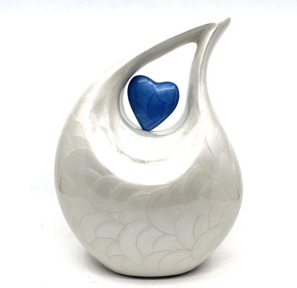 Teardrop Urn Set, 10 inches, with Heart Insert Designs for The Parent Listing (White with Blue Heart)