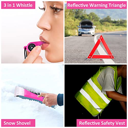 HLWDFLZ Car Roadside Emergency Kit - Pink Roadside Assistance Emergency Kit with Jumper Cables, Auto Tool Set, Deer Whistles, Winter Car Safety Roadside Assist Kit for Teen Girl and Ladies