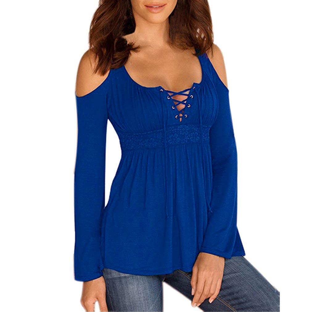 MOONCOLOUR Women's Cold Shoulder Lace Up Casual Tunic Solid Blouse Tops