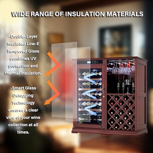 Image of KEIKI Freestanding Wine Refrigerator with Wood Cabinet, 69 Bottle Single Zone Wine Cooler, Humidity Control Tempered Glass Door, LED Light Lockable Pull-Out Shelves, for Home Bar Kitchen, Cherry