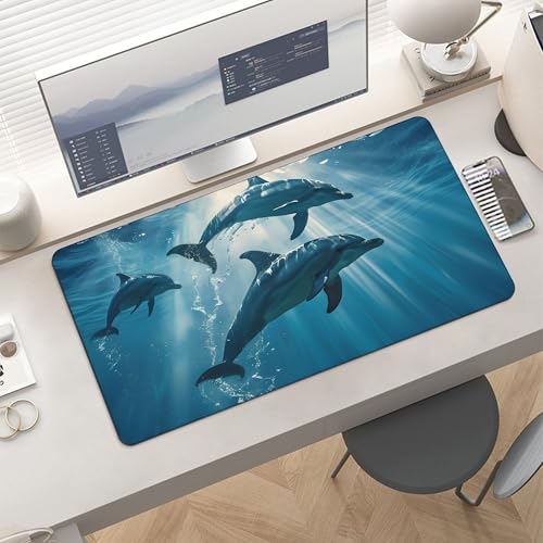 Image of Dolphin Animal Ocean Extended Gaming Mouse Pad, with Stitched Edges Large Mouse Pad Desk Protector, Rubber Base Mousepad Keyboard Mouses Mat for Work Game Office Home 32 inchX16 inch,E316