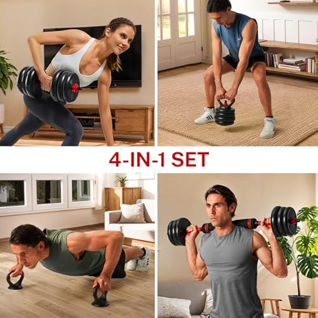 4-IN-1 Adjustable Dumbbells Set, Work As Dumbbell/Barbell/Kettlebell/Push up Stand, Home Gym Weights Strength Training