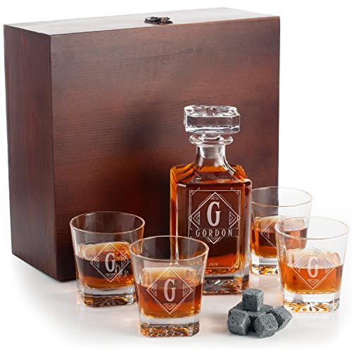 Personalized Whiskey Decanter Set with Glasses, 5 PC - 4 Optional Designs - Custom Whiskey Liquor Decanter 25 Oz with 4 Whiskey Glasses, Personalized Gifts for Men, D3