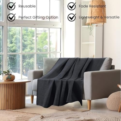 Image of 100% Combed Cotton Waffle Blanket for Bed,Sofa,Couch,|Charcoal Grey|Queen -90X90 INCHES -Lightweight and Breathable Soft Woven AC Blankets,Throw for Summer, Spring, Winter, All Season