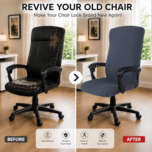 Image of Elastic Computer Chair Cover with Durable Zipper - Protective Removable Washable Universal Office Desk Chair Seat Slip Cover - Stretchy Soft Anti-dust Desk Chair Seat Protector for Dogs, Cats, Pets