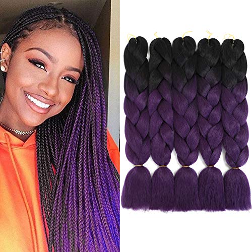 Purple Braiding Hair Ombre Braiding Hair Extensions Hair for Braiding Synthetic Braiding Hair Braid in Hair Ombre Braiding Hair Purple (24",100g/PCS,5Pcs/Lot,Black-Dark Purple)