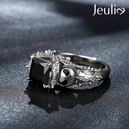 Image of Jeulia inchRomantic Soul Skull Design Princess Cut Sterling Silver Ring for Women Wife Girlfriend Engagement Wedding Anniversary Christmas Birthday With Jewelry Box