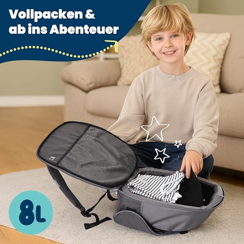 Trunki BoostApak 2-in-1 Kindersitz & Rucksack (ab 6 Jahren) - i-Size Kindersitzerhöhung mit 8-Litern Stauraum, Handgepäck Kinderrucksack & Sitzerhöhung Auto Kinder (126-150 cm) - Grau