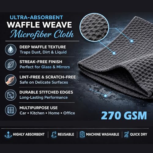 Image of Cutting EDGE 270 GSM Car & Bike Cleaning Cloth Set of 3, Shining Waffle Weave Microfiber Towel, Super Absorbent, Lint-Free & Scratch-Free for Car Drying, Cleaning & Polishing, Grey (48x40 cm)