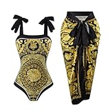 Cerdexon One Piece Bathing Suit for Women with Beach Cover up Wrap Skirt Swimsuit Sarong Retro Floral Print Bikini Set (US, Alpha, Large, Regular, Regular, Gold and Black)