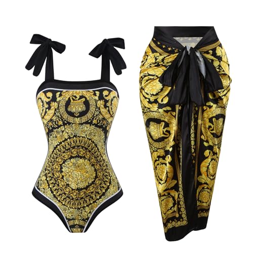 One Piece Bathing Suit for Women with Beach Cover up Wrap Skirt Swimsuit Sarong Retro Floral Print Bikini Set