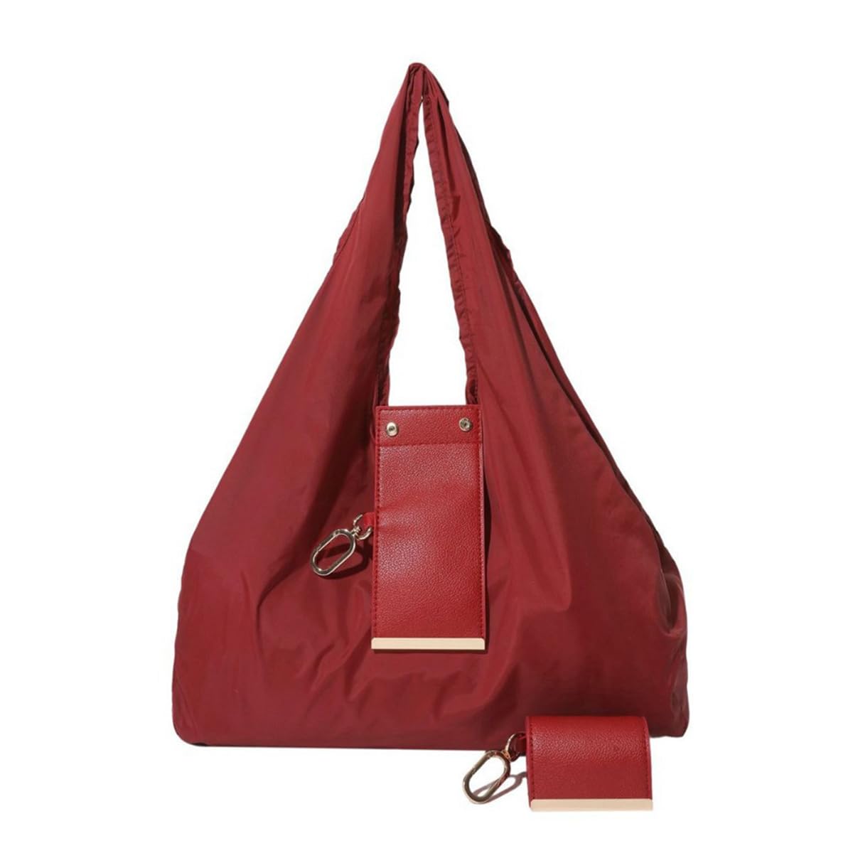 Foldable Keychain Tote Bag with Premium Leather Pouch Expandable Reusable Grocery Shopping Bag Large Capacity Lightweight Portable Handbag for Travel Daily Use (burgundy) โ image 1