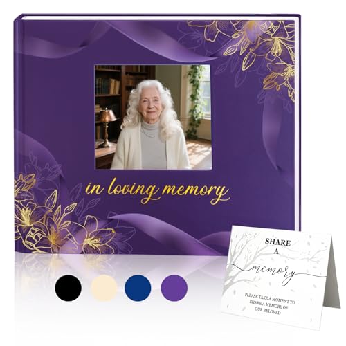 Image of Funeral Guest Book, in Loving Memory Sign in Book with Photo Slot | 330 Entries, Table Sign Card Included, Gold Stamping, Hardcover, Celebration of Life Keepsake, 9x7.5 inch, Purple