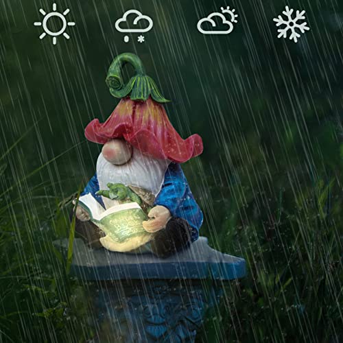 Sinhra Garden Gnome Statue-Resin Gnome Figurine Hugging Turtle Reading Book With Solar Led Lights，Outdoor Summer Decorations For Patio Yard Lawn Porch,Garden Ornament Gift #TOP2