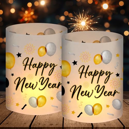 12 Windlicht Tischdeko, Silvester Deko 2026, Happy New Year, Silvesterdeko Tisch, Neujahr Decoration, Party Zubehör Kinder Deko Set, Silvester Geschenk, für Teelichter