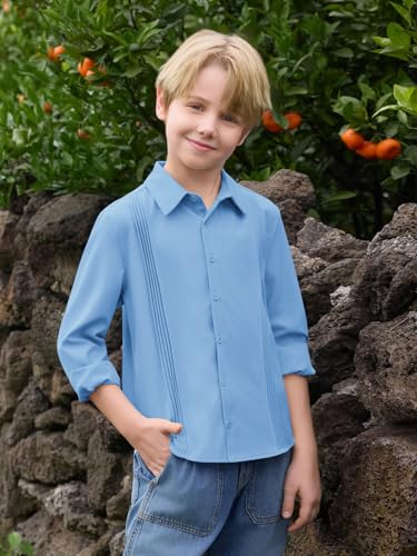 Haloumoning Boys Pleated Long Sleeve Dress Shirts Kids Button Down Collared Uniform Shirt 5-14 Years2
