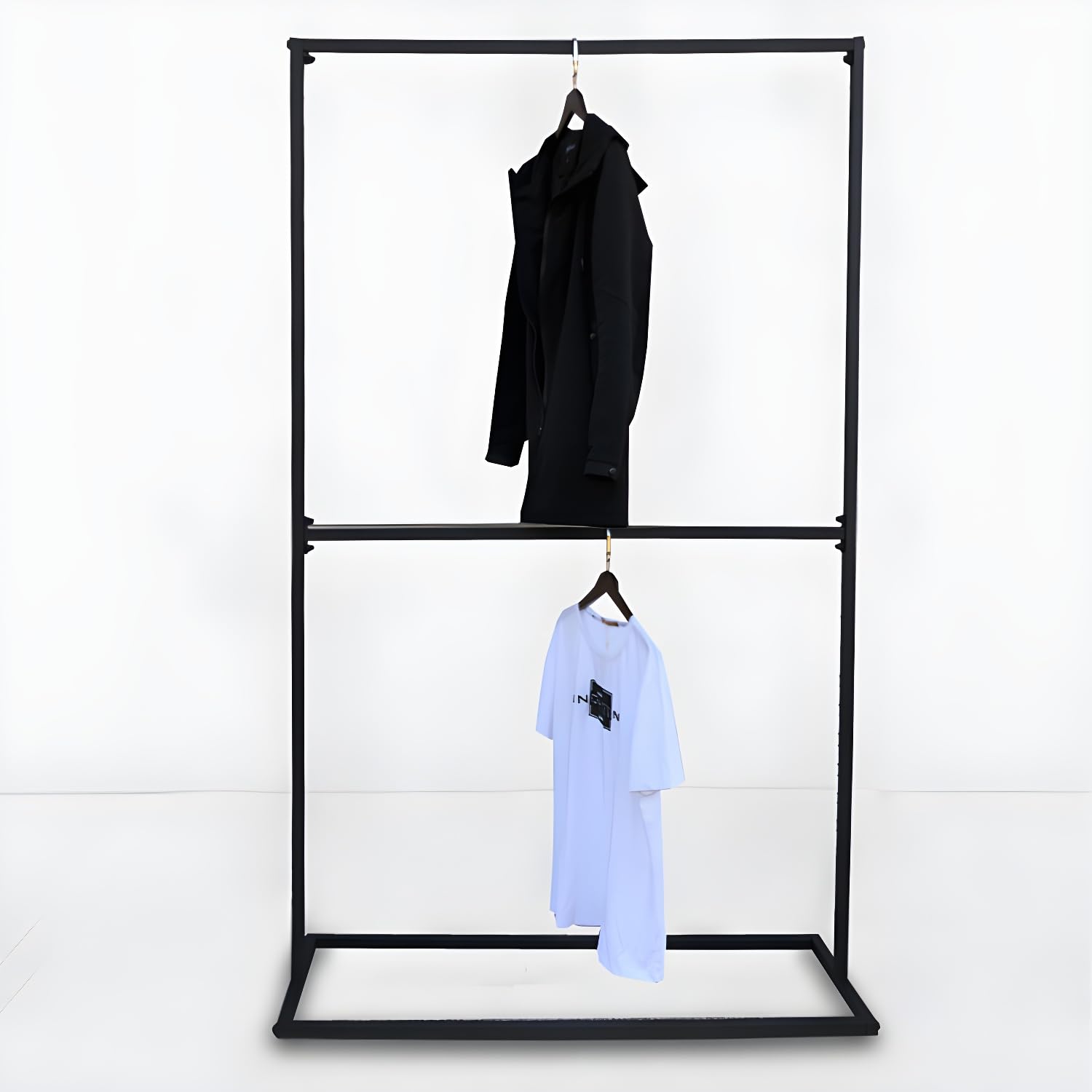Árbol de pasillo de metal negro contemporáneo con barra doble para ropa, perchero de pie y soporte para ropa para entrada, 47 pulgadas de largo x 16 pulgadas de ancho x 79 pulgadas de alto, elegante