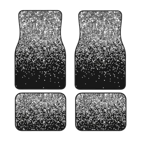 LRMMOTR Silver Black Glitter Car Front and Rear Floor Mats, Anti Slip Car Mats, Complete Set of 4 Carpets, All Weather Protection Cover